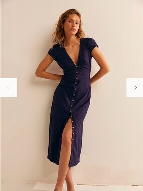 Free People Dark Purple Button-Front V-Neck Midi Dress